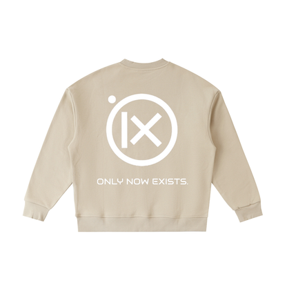 Kids fleece crewneck sweatshirt, beige, back circle “ONLY NOW EXISTS.” graphic.