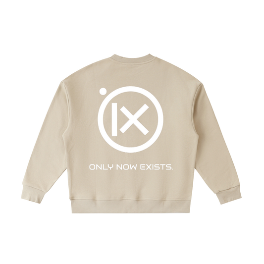 Kids fleece crewneck sweatshirt, beige, back circle “ONLY NOW EXISTS.” graphic.