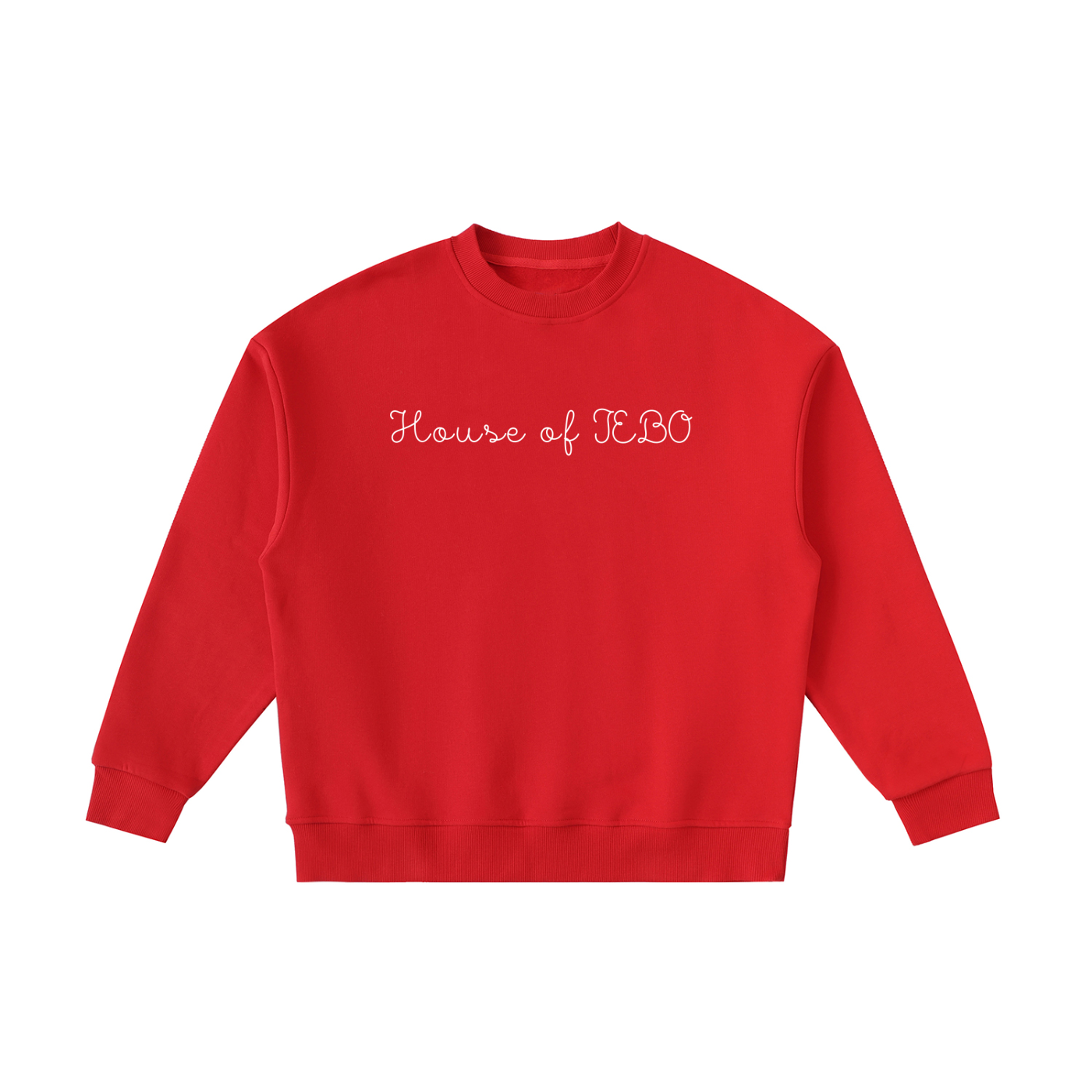 Kids fleece crewneck sweatshirt, red, front “House of JEBO” print.
