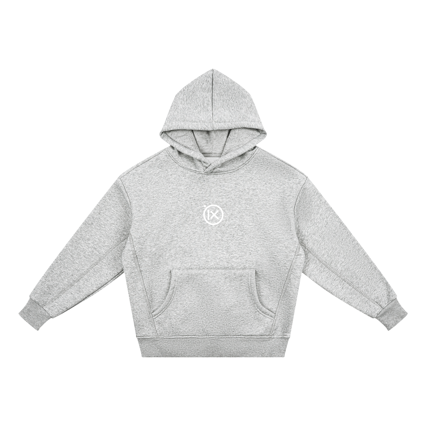 Kids fleece hoodie, gray, front view with hood and kangaroo pocket