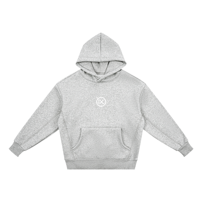 Kids fleece hoodie, gray, front view with hood and kangaroo pocket