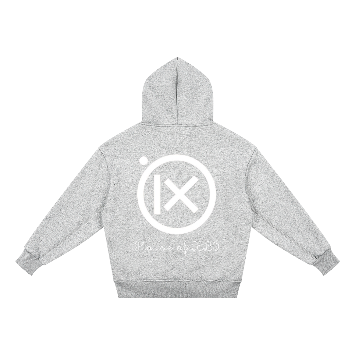 Kids fleece hoodie, gray, back view with large logo and "House of JEBO"
