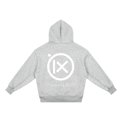 Kids fleece hoodie, gray, back view with large logo and "House of JEBO"