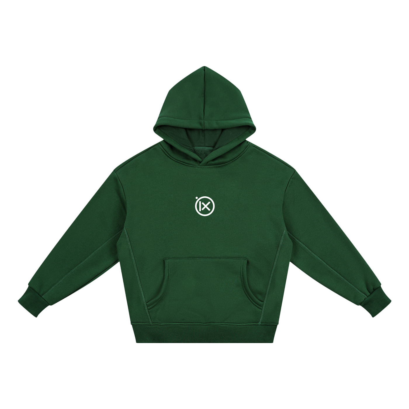 Kids fleece hoodie, green, front view with hood and kangaroo pocket