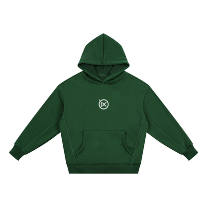 Kids fleece hoodie, green, front view with hood and kangaroo pocket