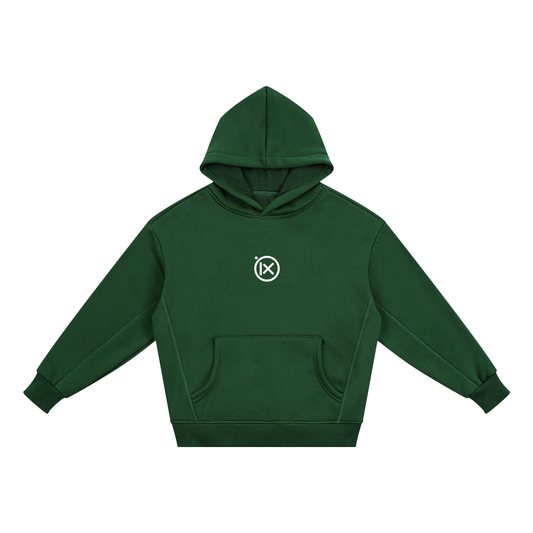 Kids fleece hoodie, green, front view with hood and kangaroo pocket