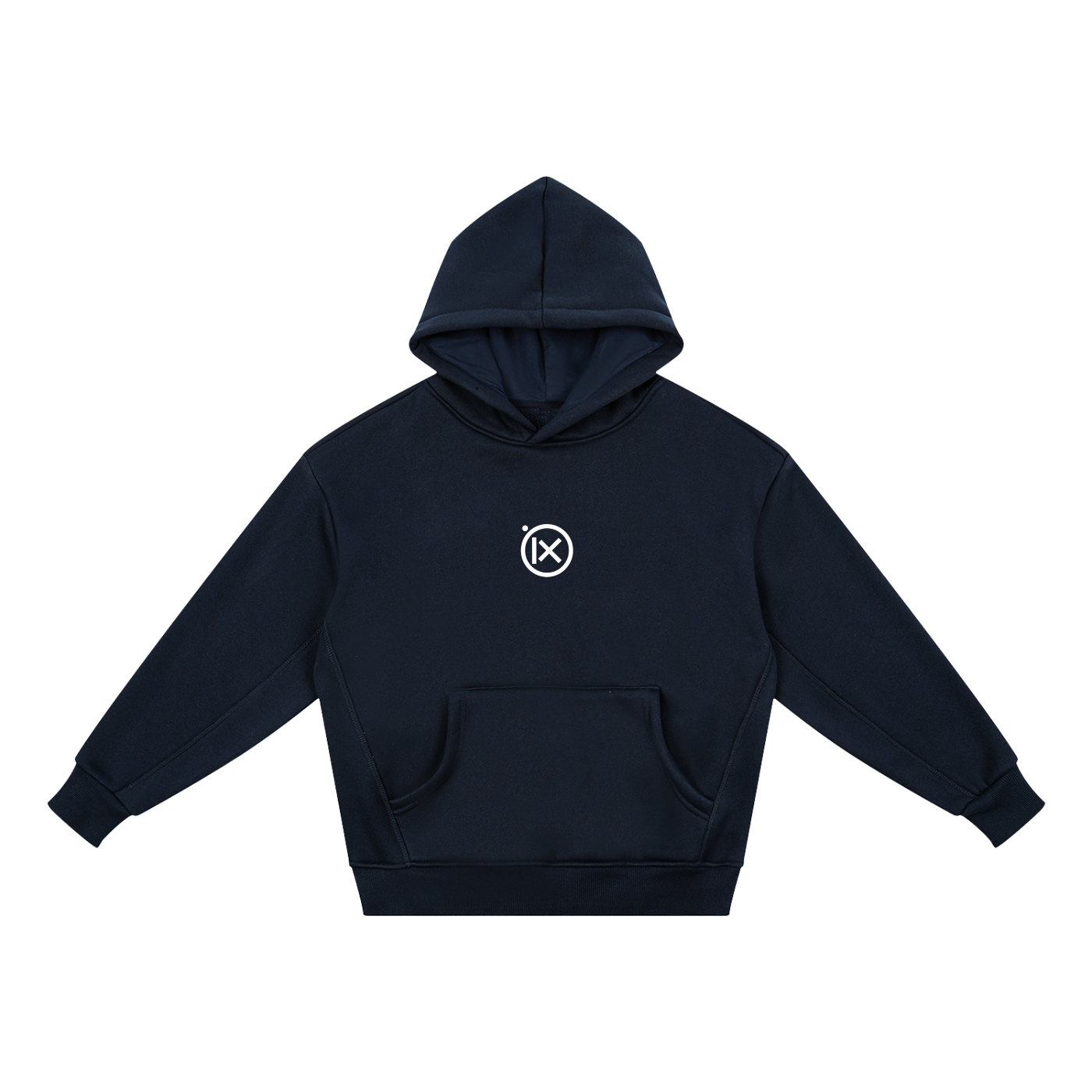 Kids fleece hoodie, navy, front view with hood and kangaroo pocket