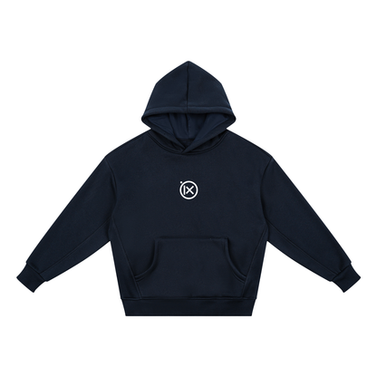 Kids fleece hoodie, navy, front view with hood and kangaroo pocket