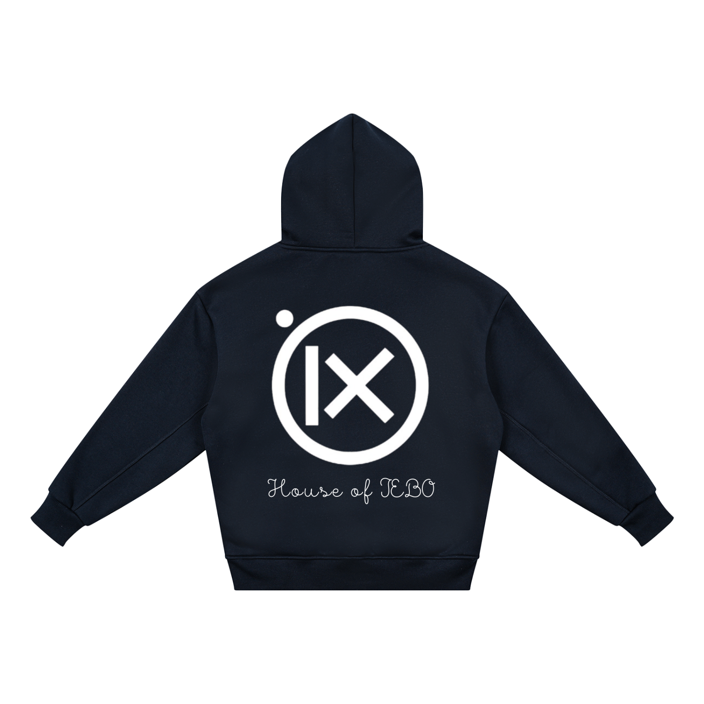 Kids fleece hoodie, navy, back view with large logo and "House of JEBO"