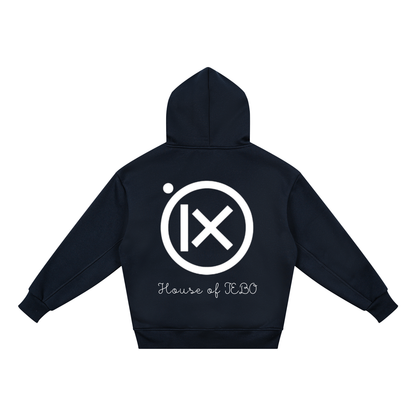 Kids fleece hoodie, navy, back view with large logo and "House of JEBO"