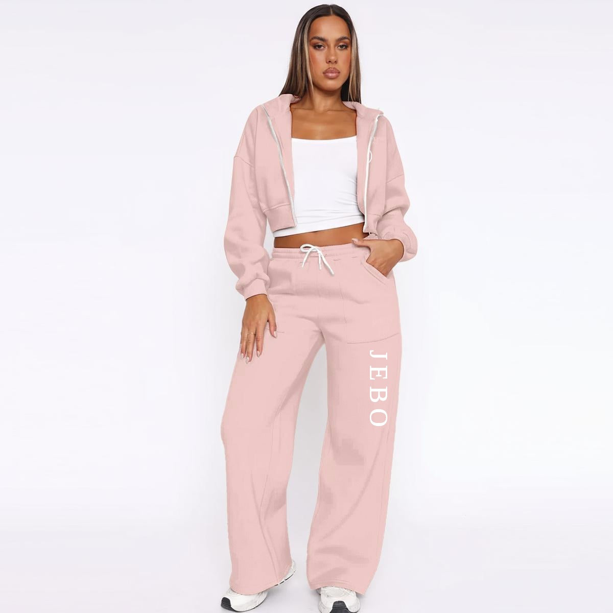 Pink fleece zip-up hoodie and wide-leg sweatpants set, front view