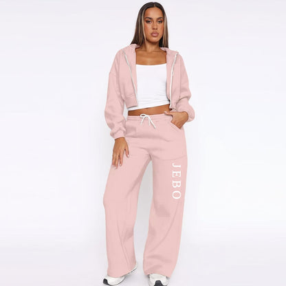 Pink fleece zip-up hoodie and wide-leg sweatpants set, front view