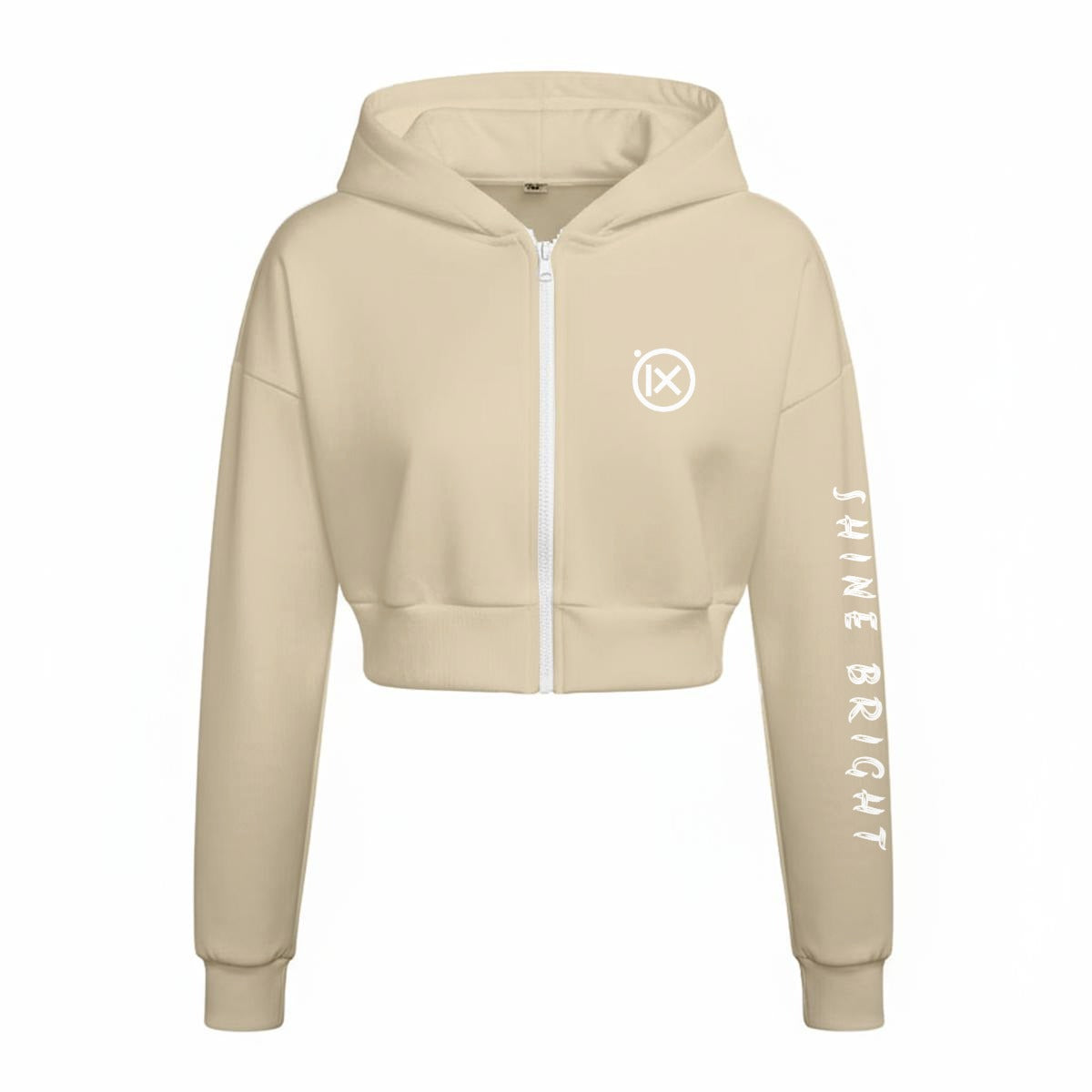 Beige zip-up fleece hoodie with hood, front logo and long sleeve graphic print.