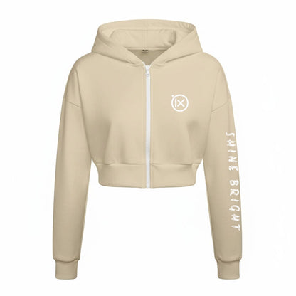 Beige zip-up fleece hoodie with hood, front logo and long sleeve graphic print.