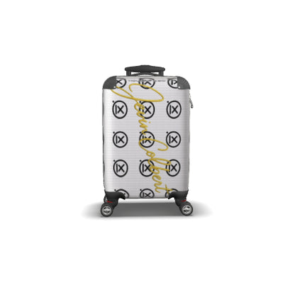 Travel suitcase with black circle icons, yellow music line art, and spinner wheels