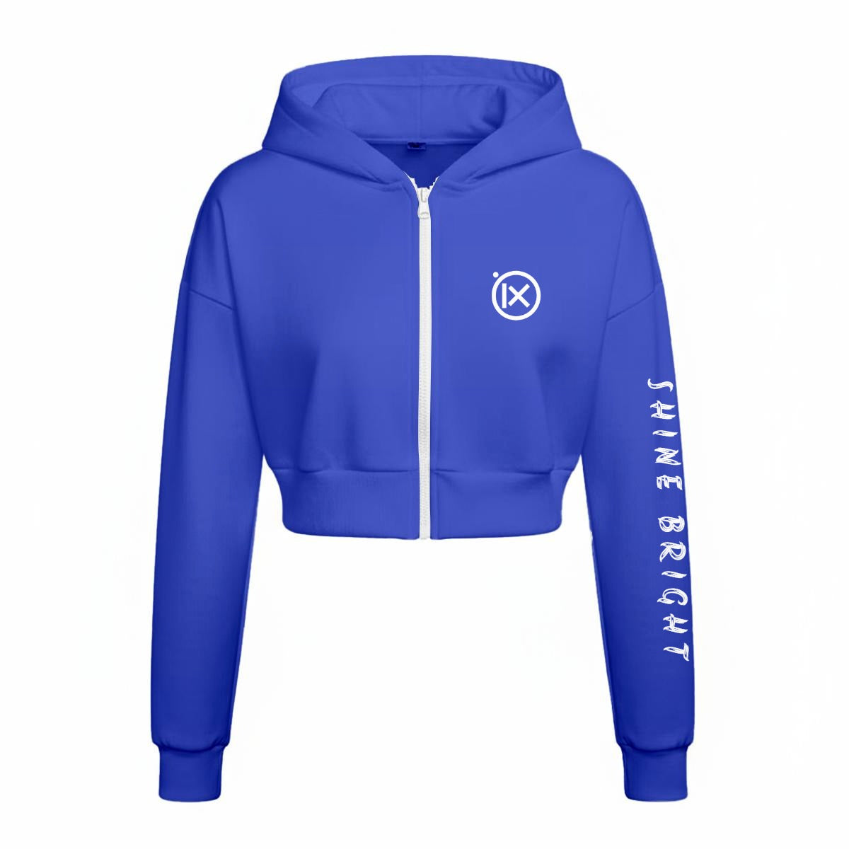 Blue fleece zip-up hoodie with hood, front zipper, and printed chest logo