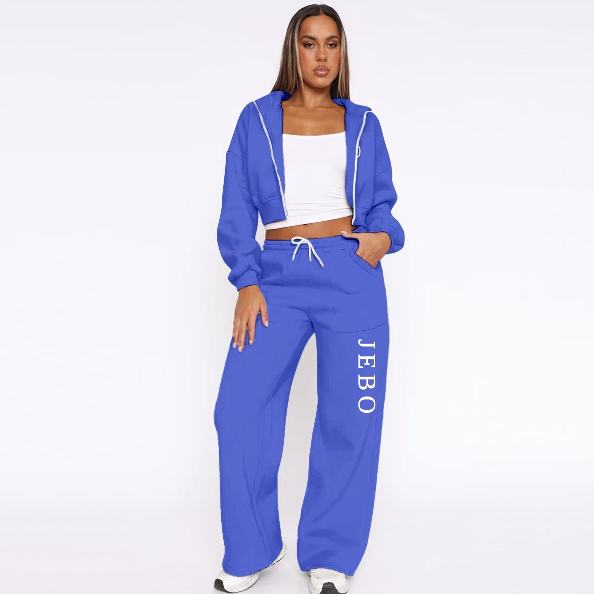 Women’s fleece tracksuit set, blue zip-up hoodie and matching wide-leg pants