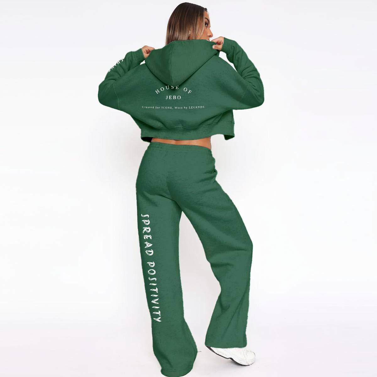Women's fleece tracksuit, dark green cropped hoodie and wide-leg jogger pants