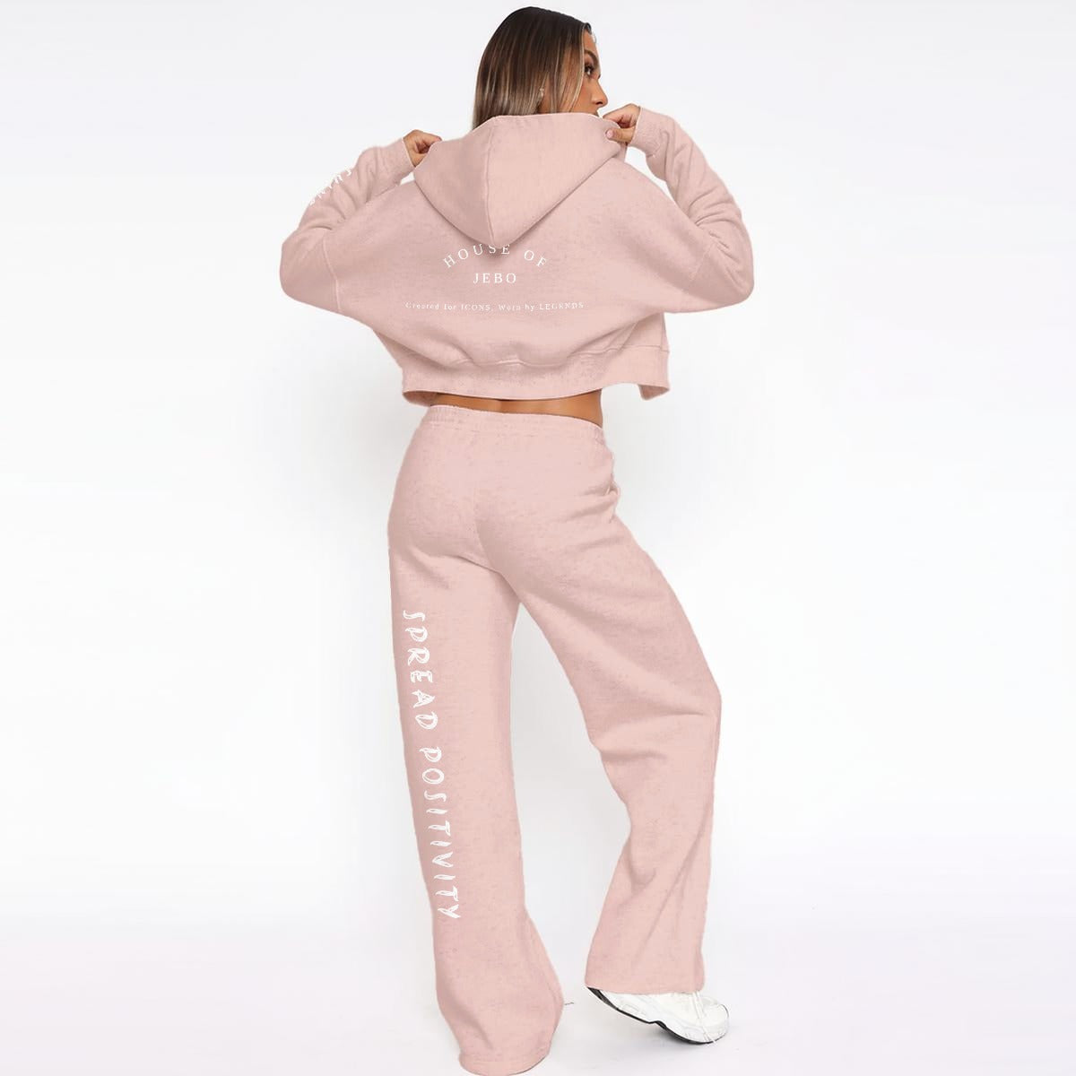 Pink fleece zip hoodie and wide-leg sweatpants set, back view, side print