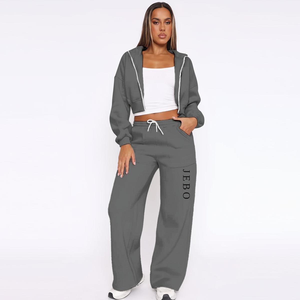 Women’s fleece tracksuit set in dark gray: hooded zip jacket and drawstring wide-leg pants
