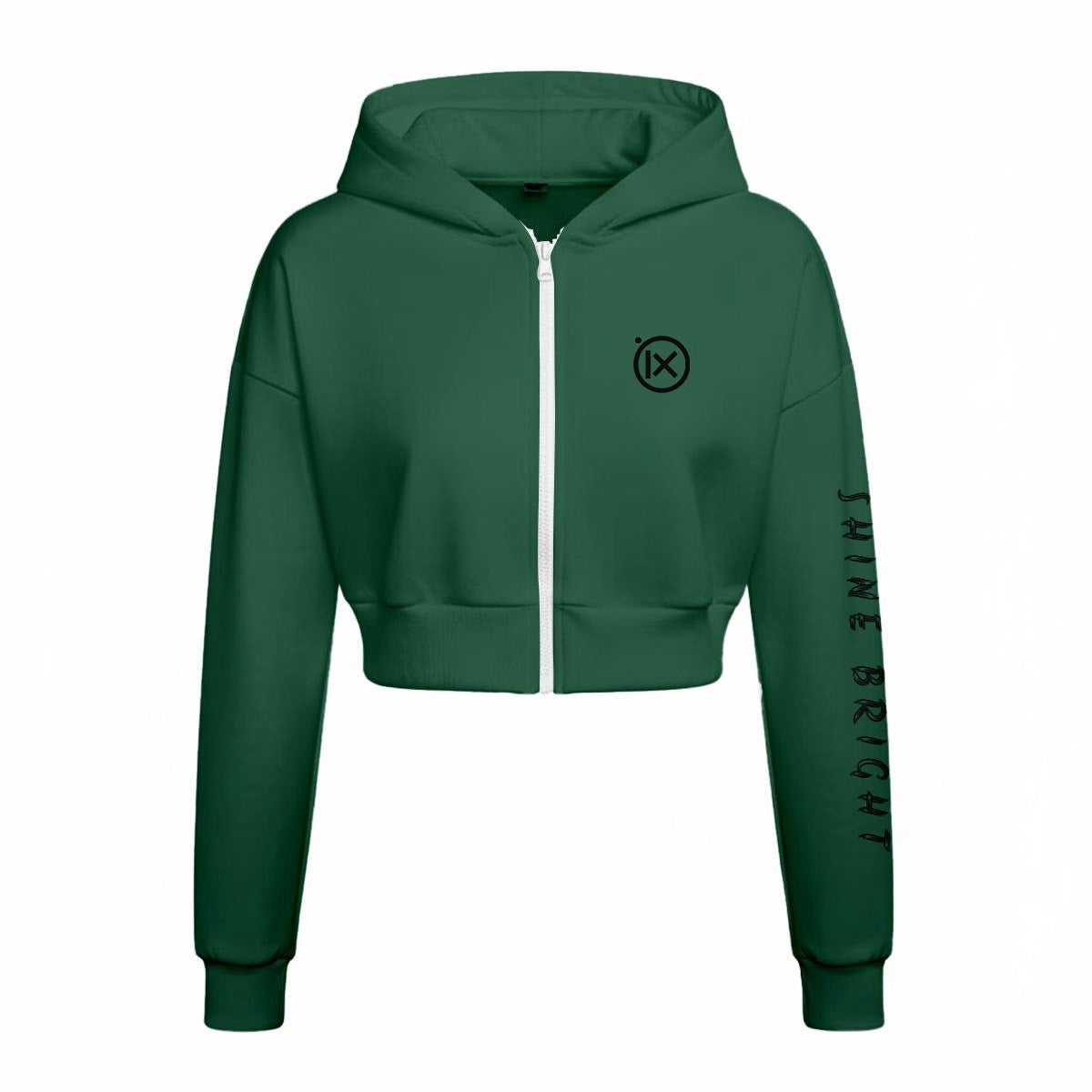 Green fleece zip hoodie with hood, white zipper, ribbed cuffs, and logo on sleeve.