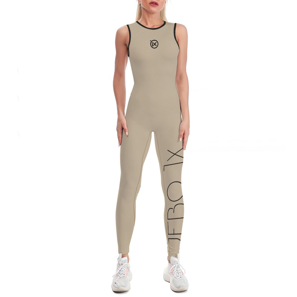 Women’s one-piece yoga suit, wheat with black trim and side geometric leg print