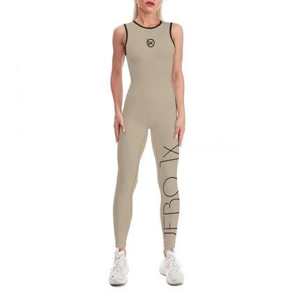 Women’s one-piece yoga suit, wheat with black trim and side geometric leg print