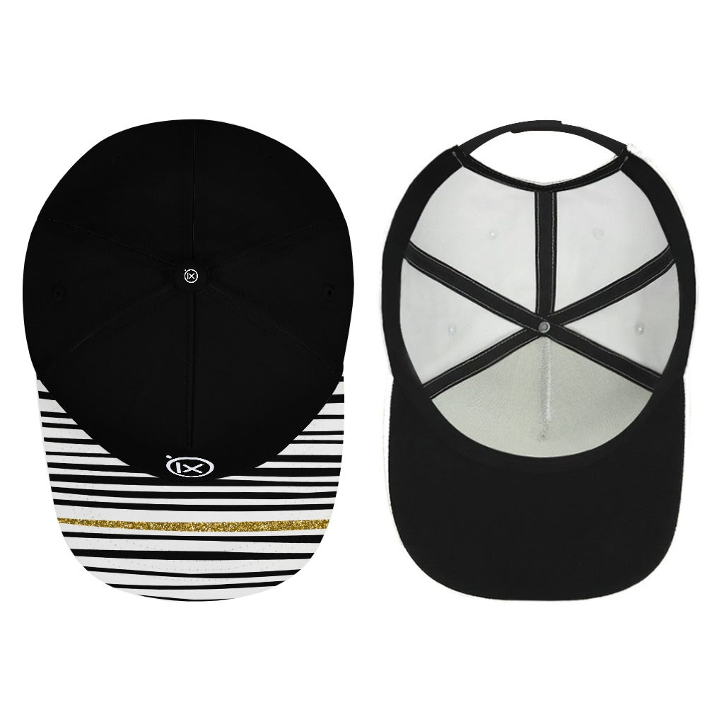 Black baseball cap with striped brim and ix logo; open side shows white panels