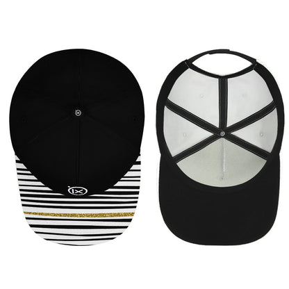Black baseball cap with striped brim and ix logo; open side shows white panels