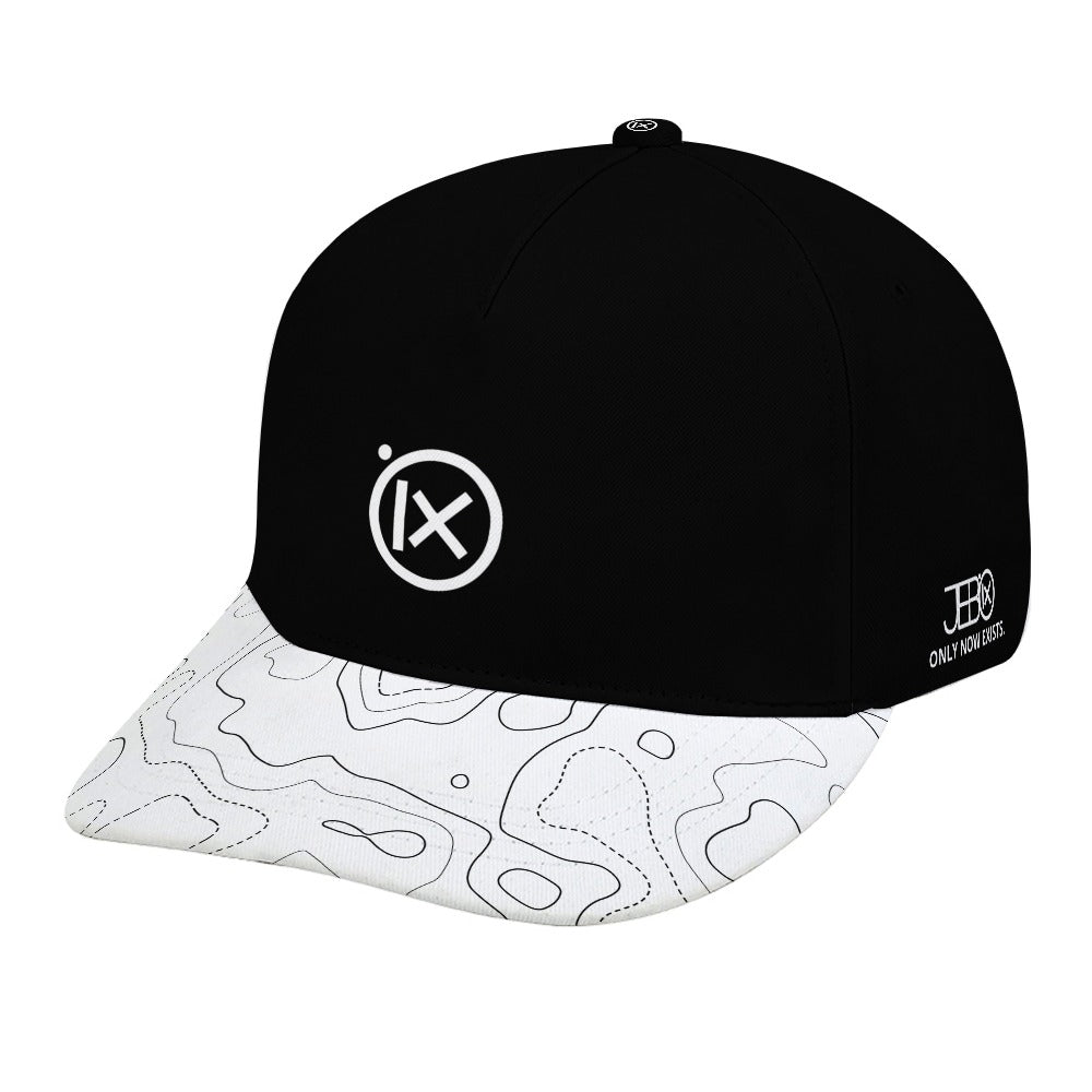 Black baseball cap with iX logo, side logo, and white patterned brim