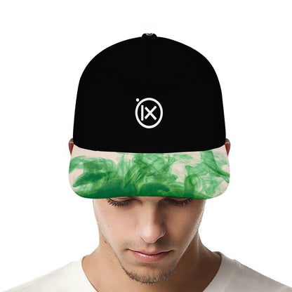 Black baseball cap close-up with green camo brim and Ix logo