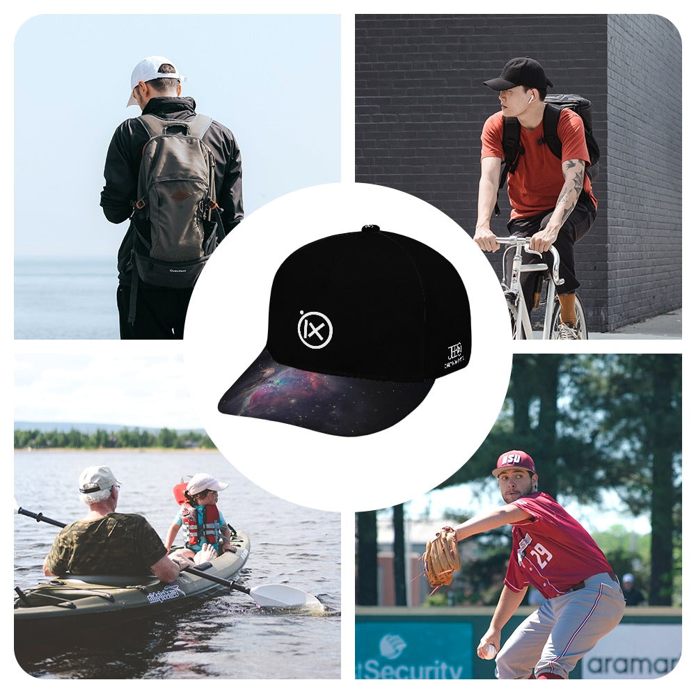 Black baseball cap with iX front logo and galaxy-pattern brim, front view