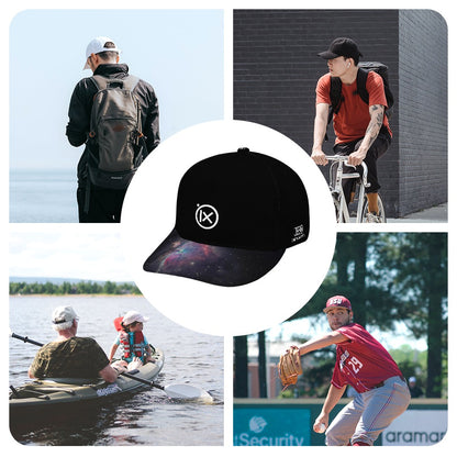 Black baseball cap with iX front logo and galaxy-pattern brim, front view