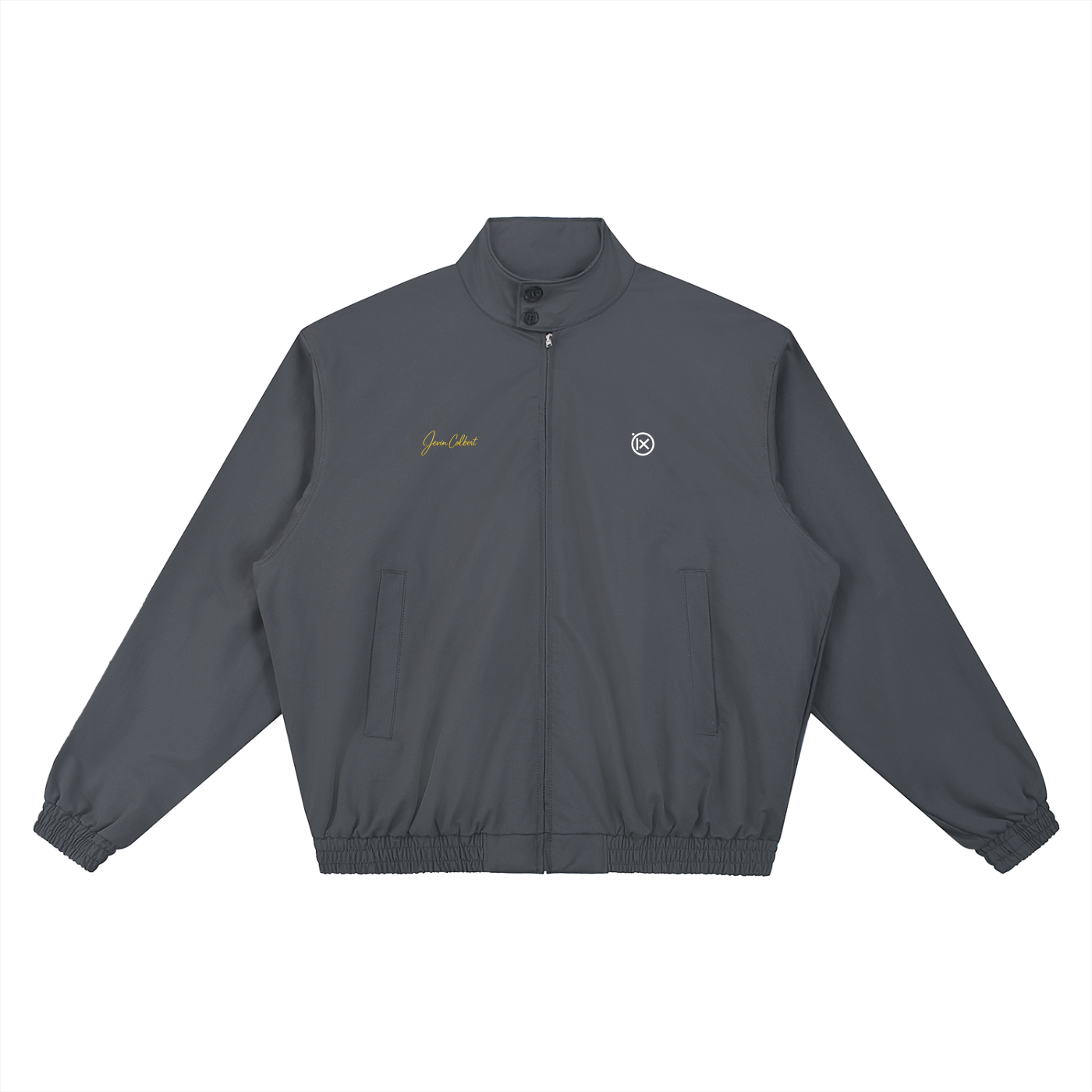 Dark gray stand-collar bomber jacket with front zipper, flap pockets, and ribbed cuffs.