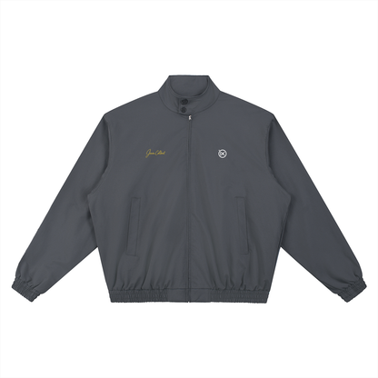 Dark gray stand-collar bomber jacket with front zipper, flap pockets, and ribbed cuffs.