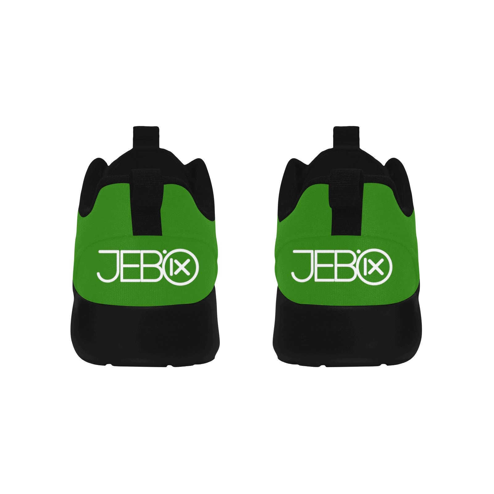 Mens performance running shoes, green back view with black heel and JEBIX logo