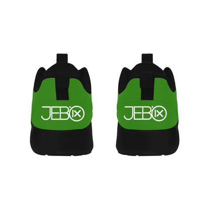 Mens performance running shoes, green back view with black heel and JEBIX logo