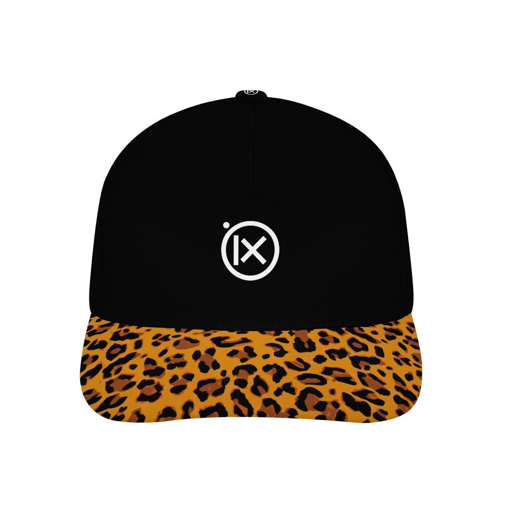 Black baseball cap with leopard-print brim and Ix logo on front panel.