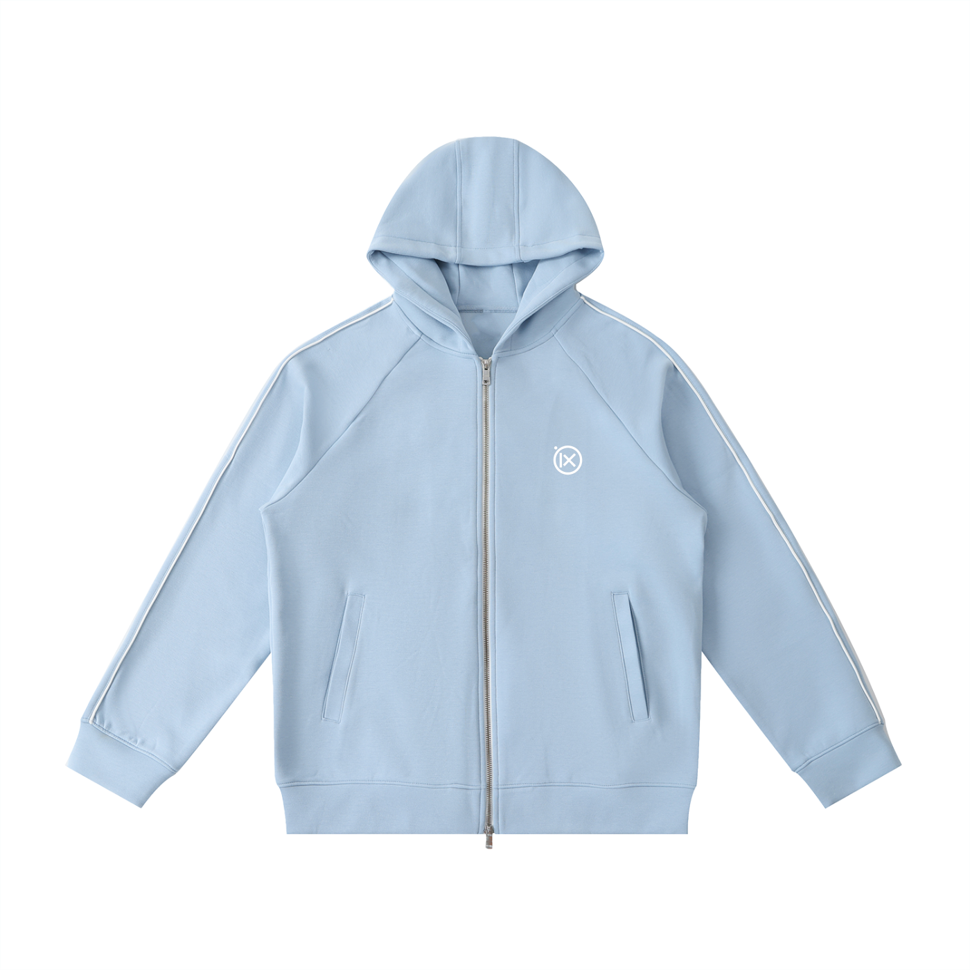 Raglan zip hoodie in light blue, with hood, front zipper, and side pockets