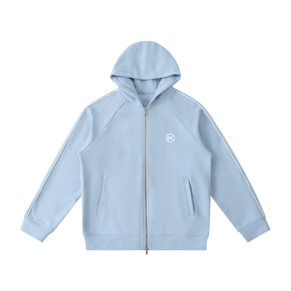 Raglan zip hoodie in light blue, with hood, front zipper, and side pockets