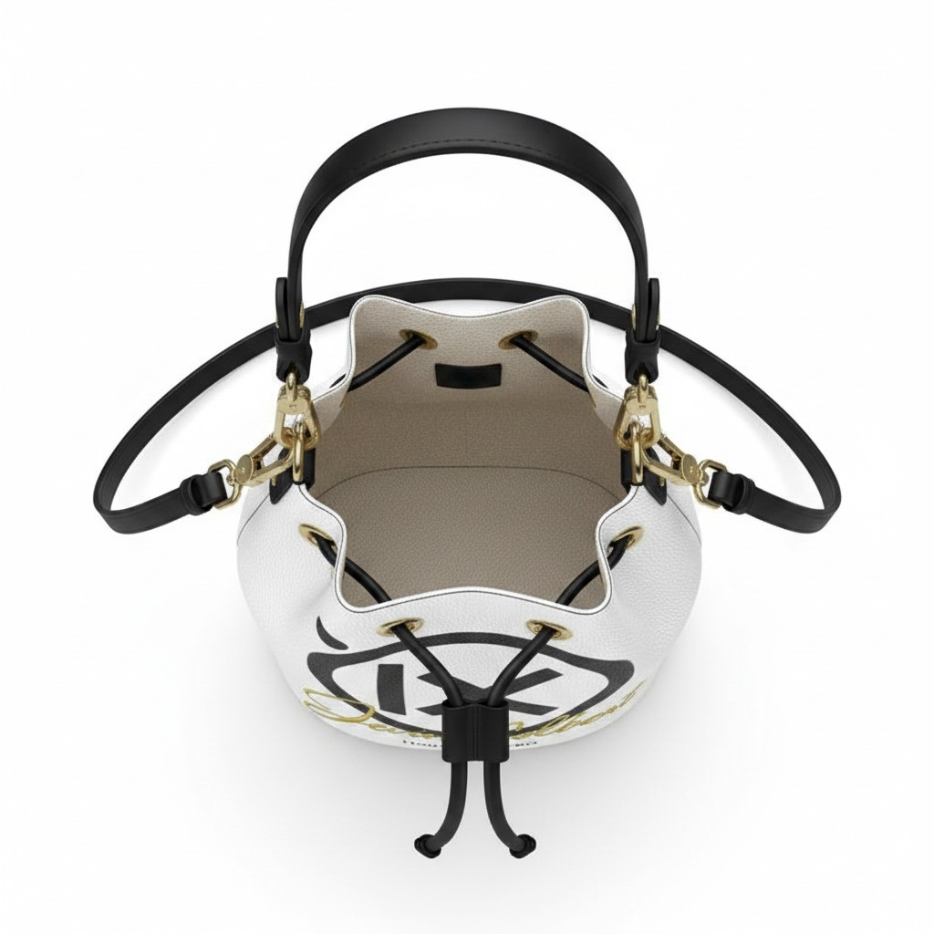 White bucket bag with black top handles, drawstring closure, and gold hardware