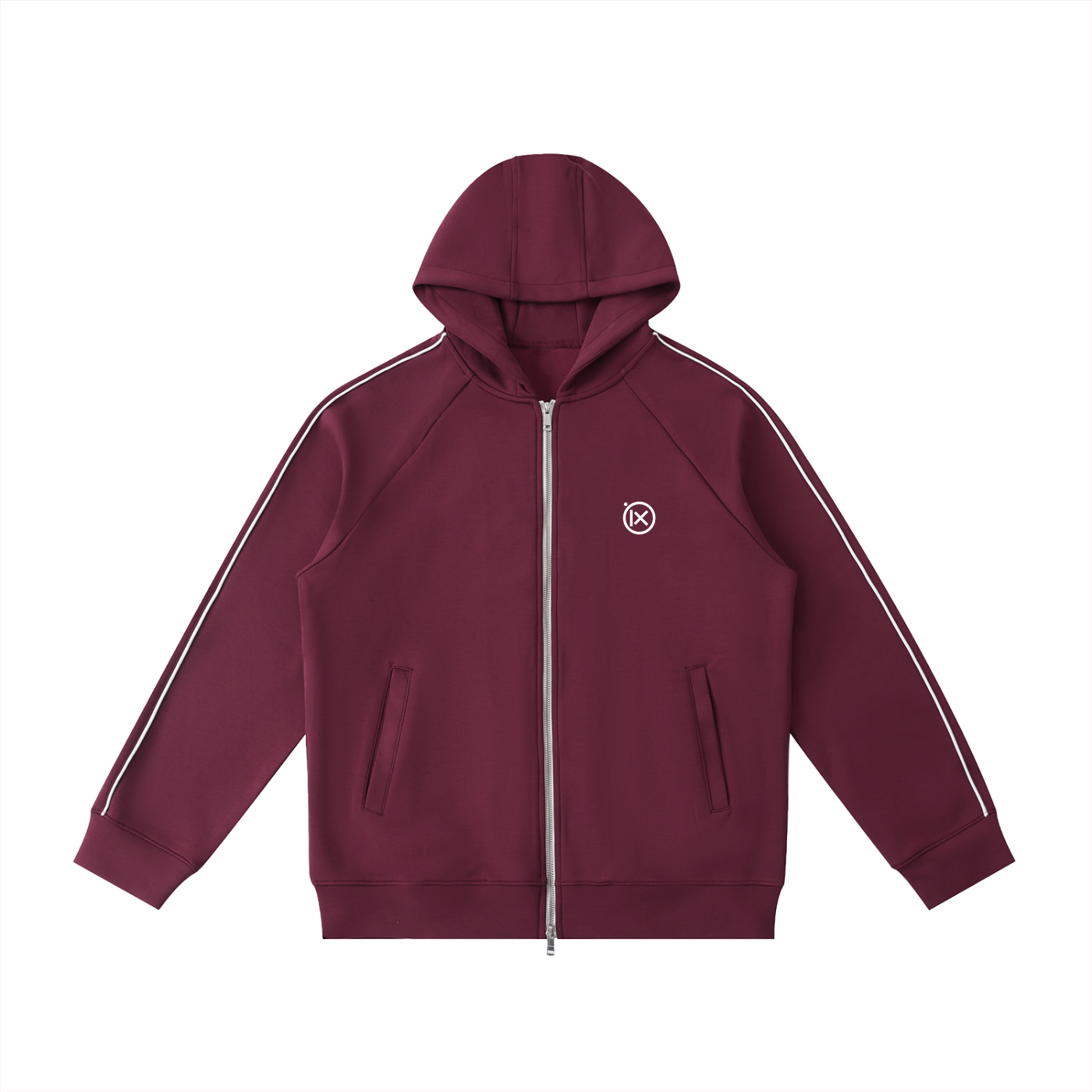 Raglan zip hoodie in burgundy, with hood, front zipper, and side pockets