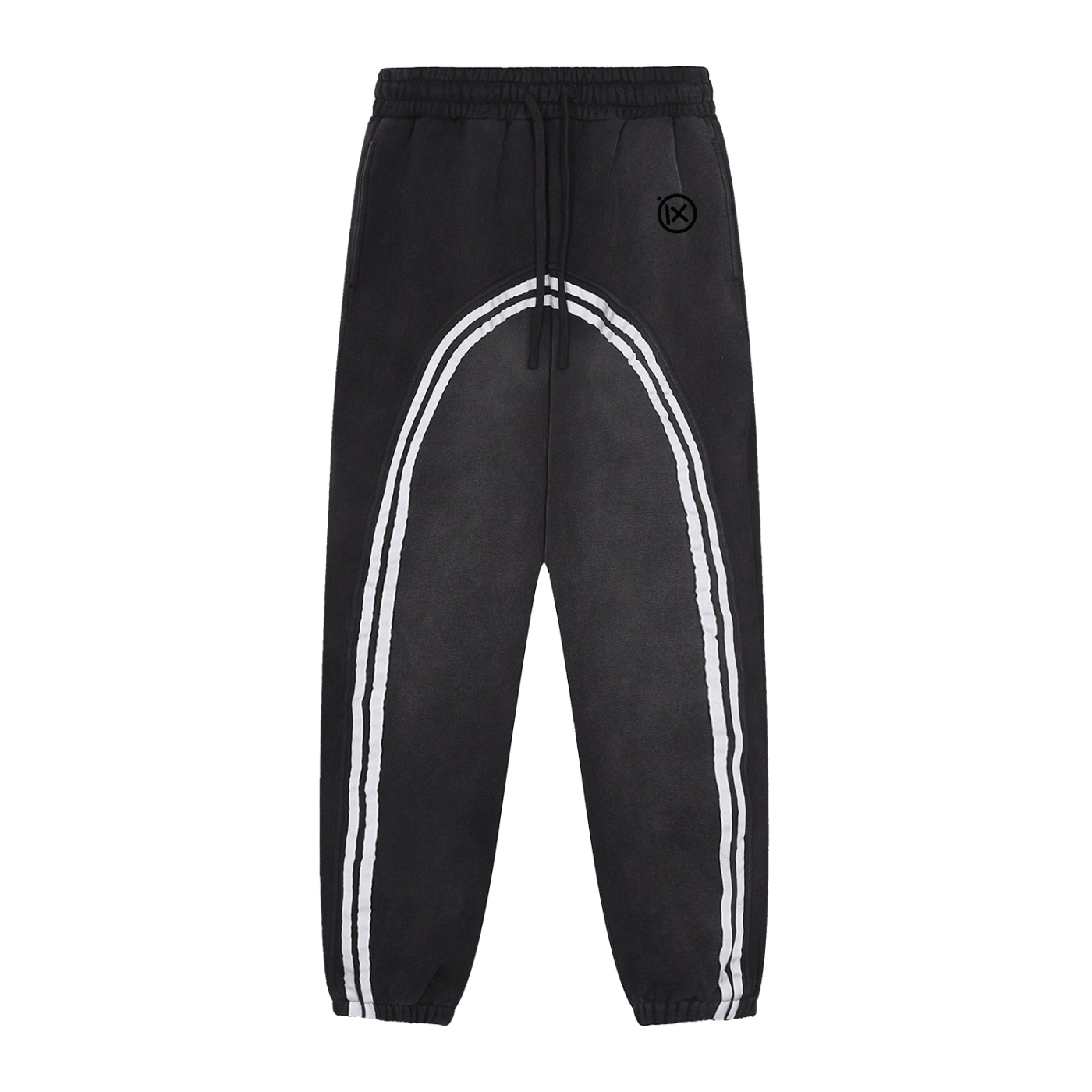 Black joggers with white arched stripe, elastic waistband, and drawstring