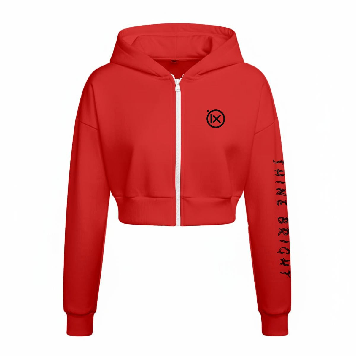 Women’s fleece zip hoodie jacket, red with white zipper and small logo patch on chest.