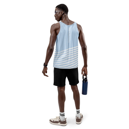 Men's performance tank top, light blue with diagonal white stripes; sleeveless athletic fit
