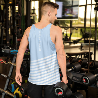 Men's performance tank top, light blue with diagonal white stripes; back vertical text