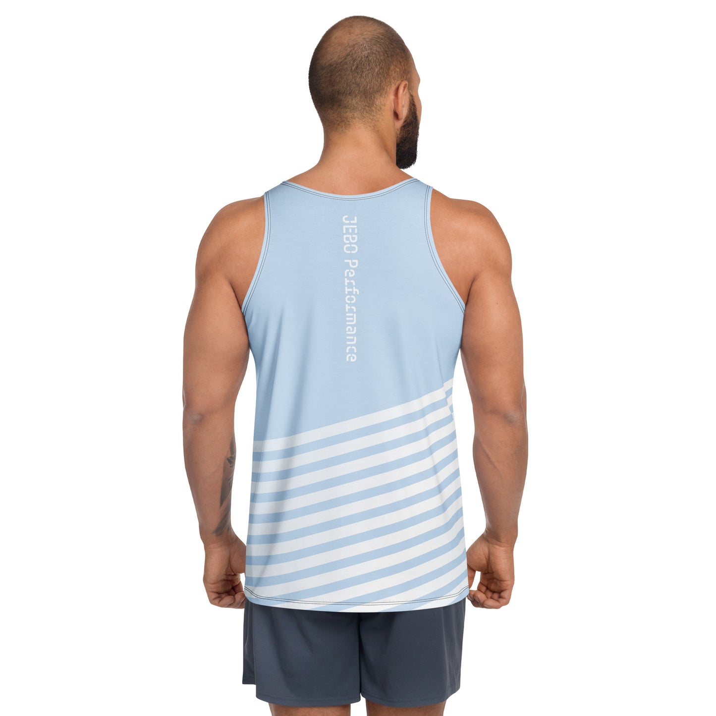 Men's light blue tank top with back vertical JEBO Performance text and white stripes