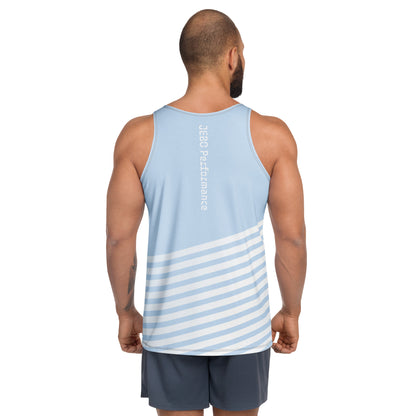 Men's light blue tank top with back vertical JEBO Performance text and white stripes
