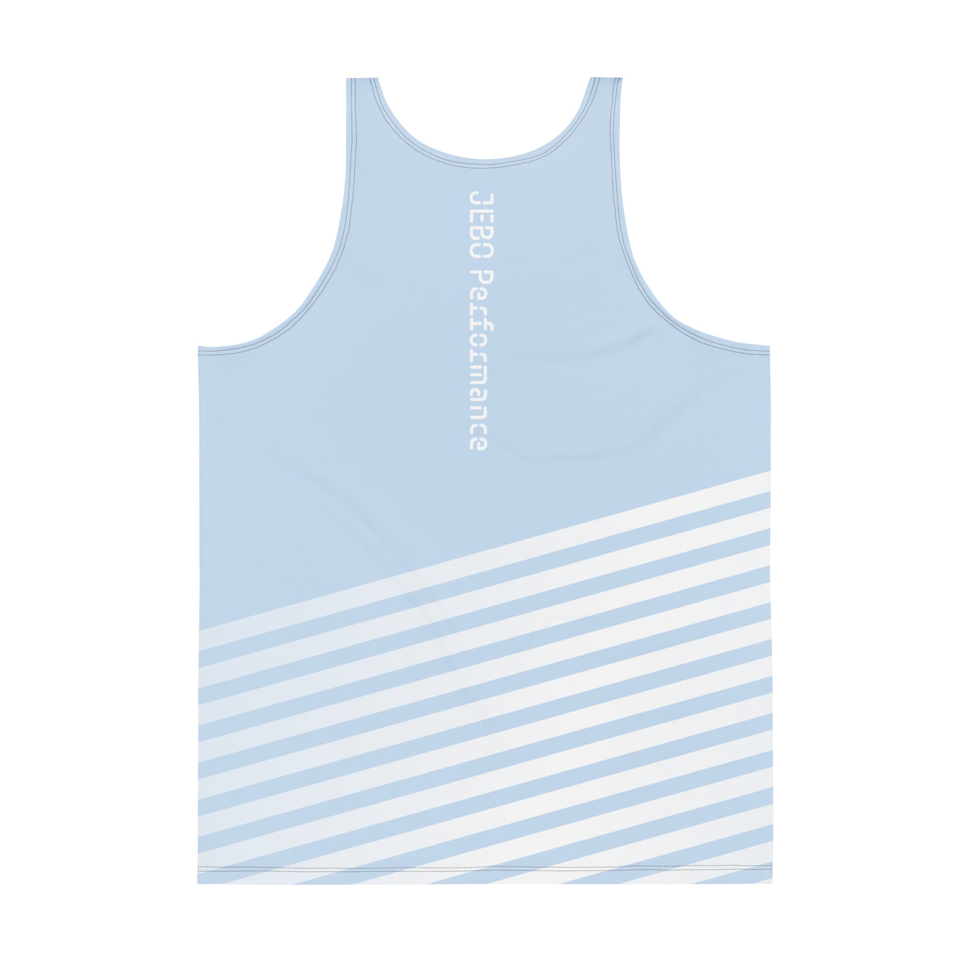 Men's performance tank top, light blue with diagonal white stripes; vertical back text