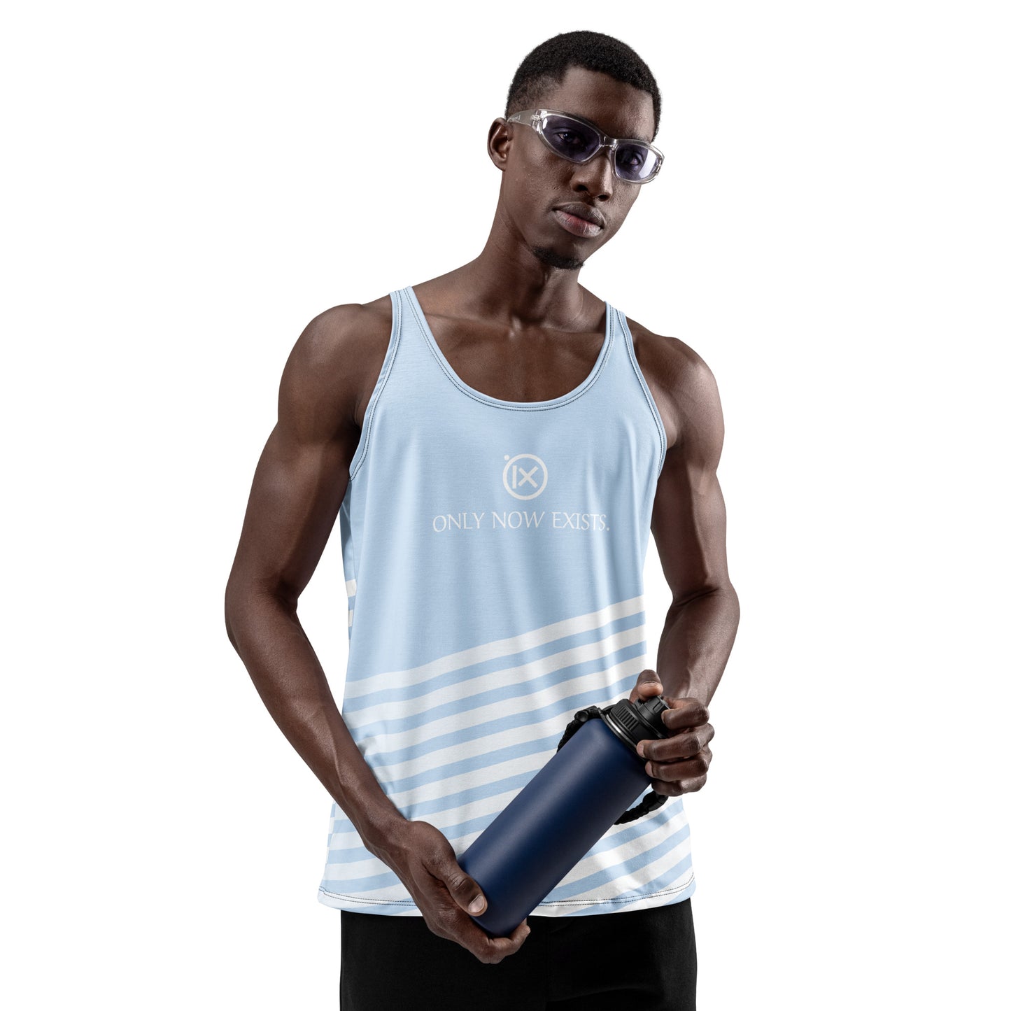 Men's performance tank top, light blue racerback style with diagonal white stripes